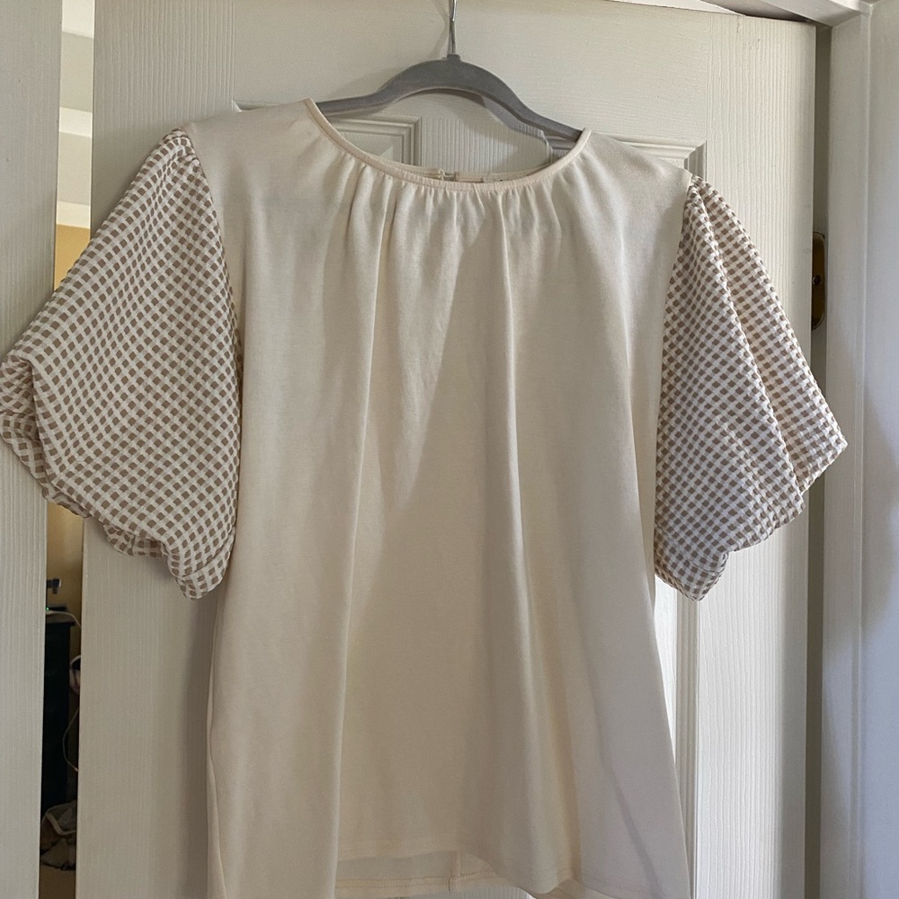 Womens Cream Top with Patterned Puff Sleeves